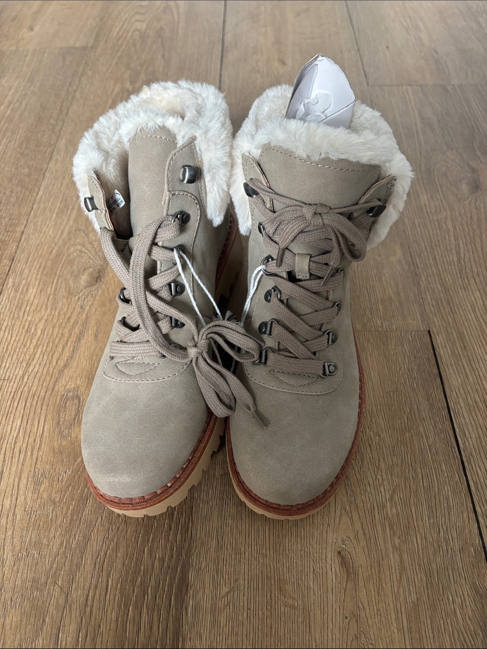 American Eagle Outfitters Taupe Faux-Fur Trim Lace-Up Winter Boots